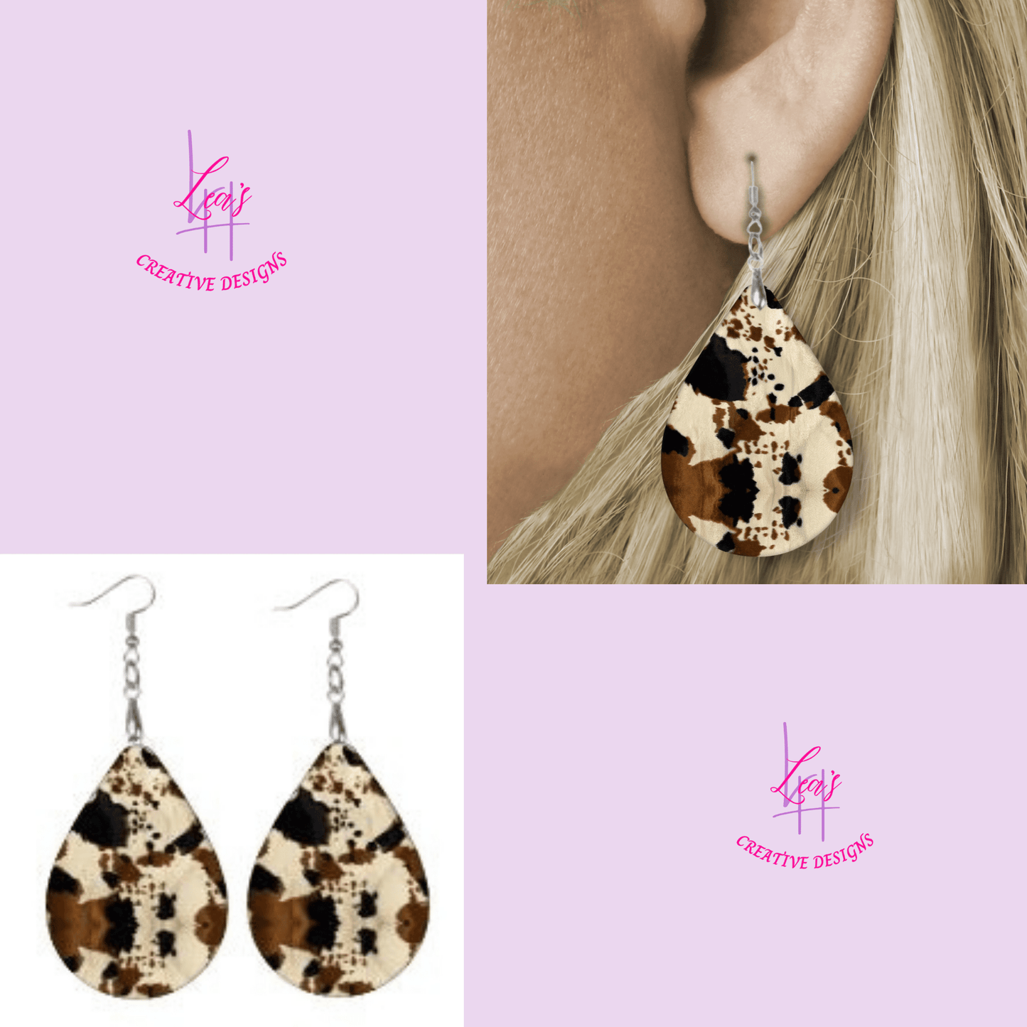 Lea's Creative Designs Earrings Brown and Tan Cow Teardrop Earrings