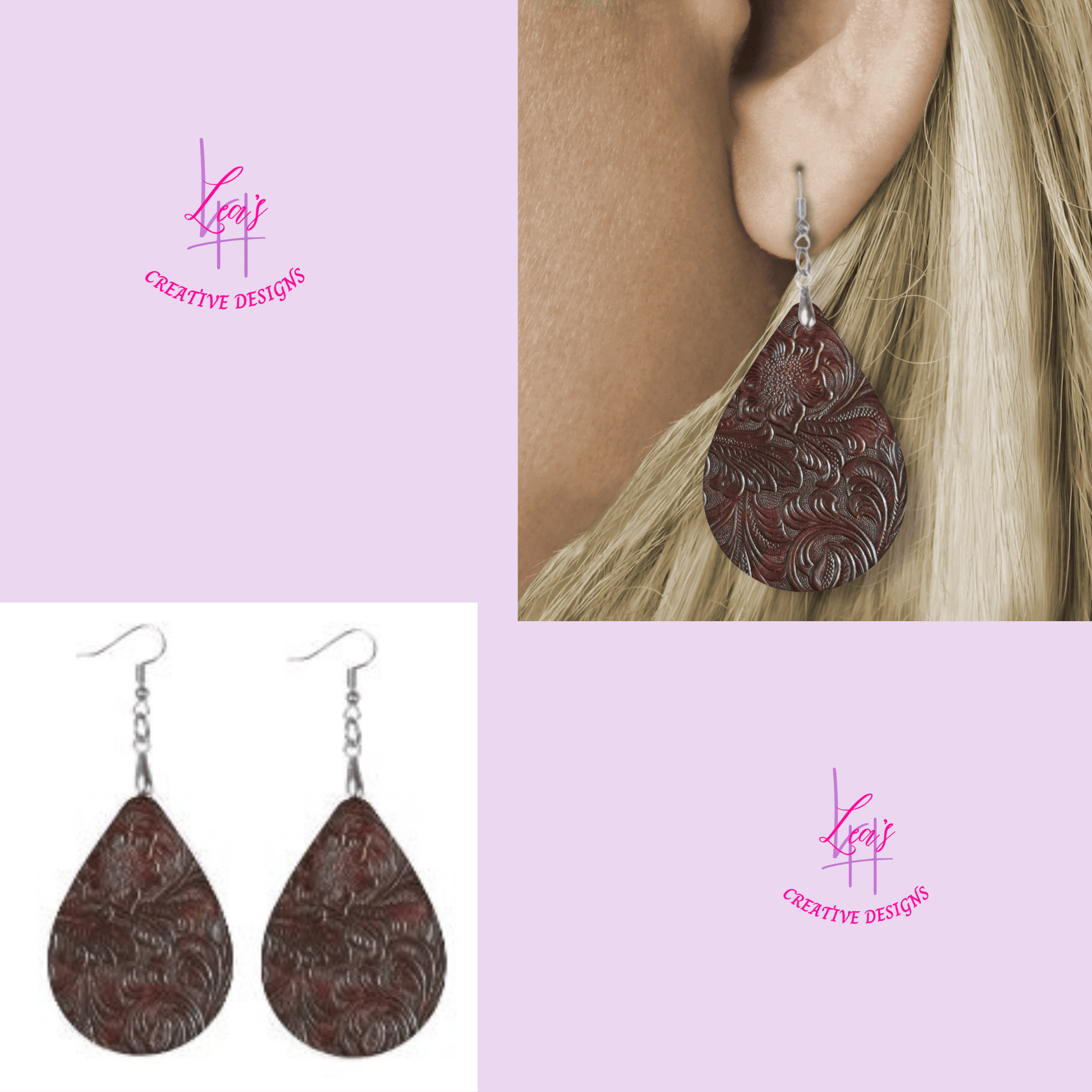 Lea's Creative Designs Earrings Leather Floral Teardrop Earrings