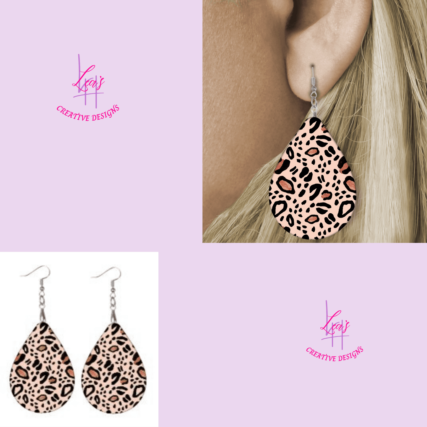Lea's Creative Designs Earrings Rose Color Leopard Teardrop Earrings