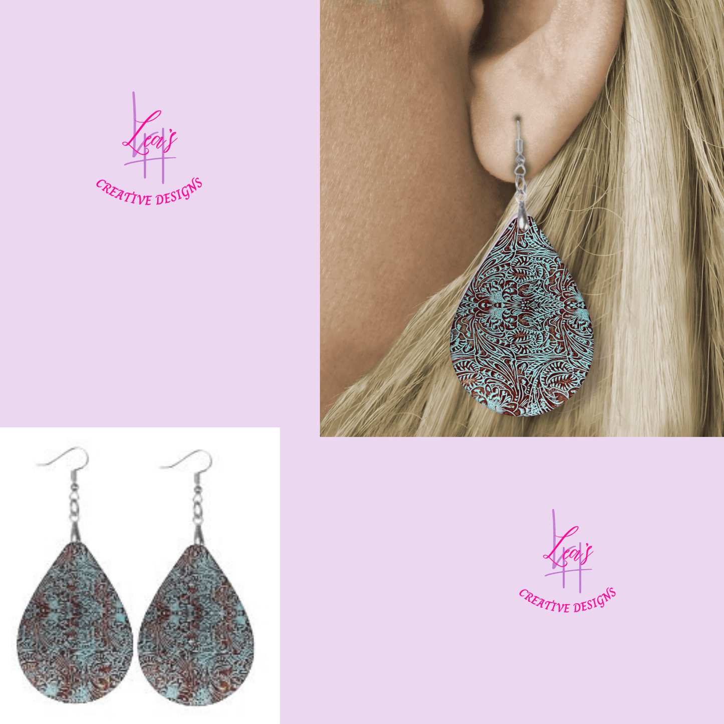 Lea's Creative Designs Earrings Turquoise Leather Teardrop Earrings