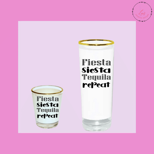 Lea's Creative Designs Gold Rim Shot Glass 1.5 Oz. (Short) Fiesta Siesta Tequila Repeat