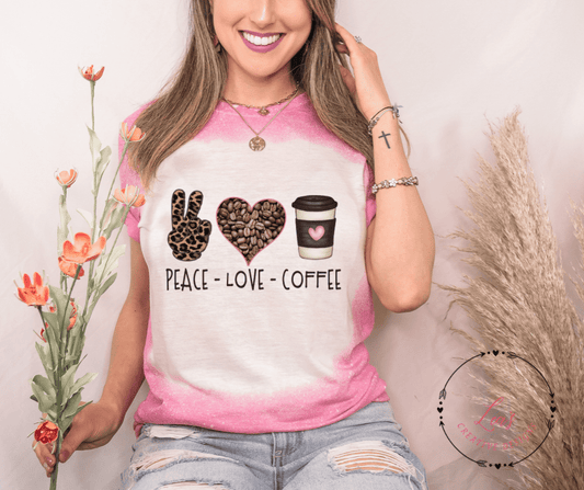 Lea's Creative Designs T-Shirts Heather Heliconia Bleached / Small Peace Love Coffee T-Shirt