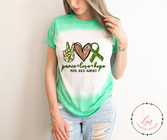 Lea's Creative Designs T-Shirts Heather Irish Green Bleached / Small Peace Love Hope Mental Health Awareness T-Shirt