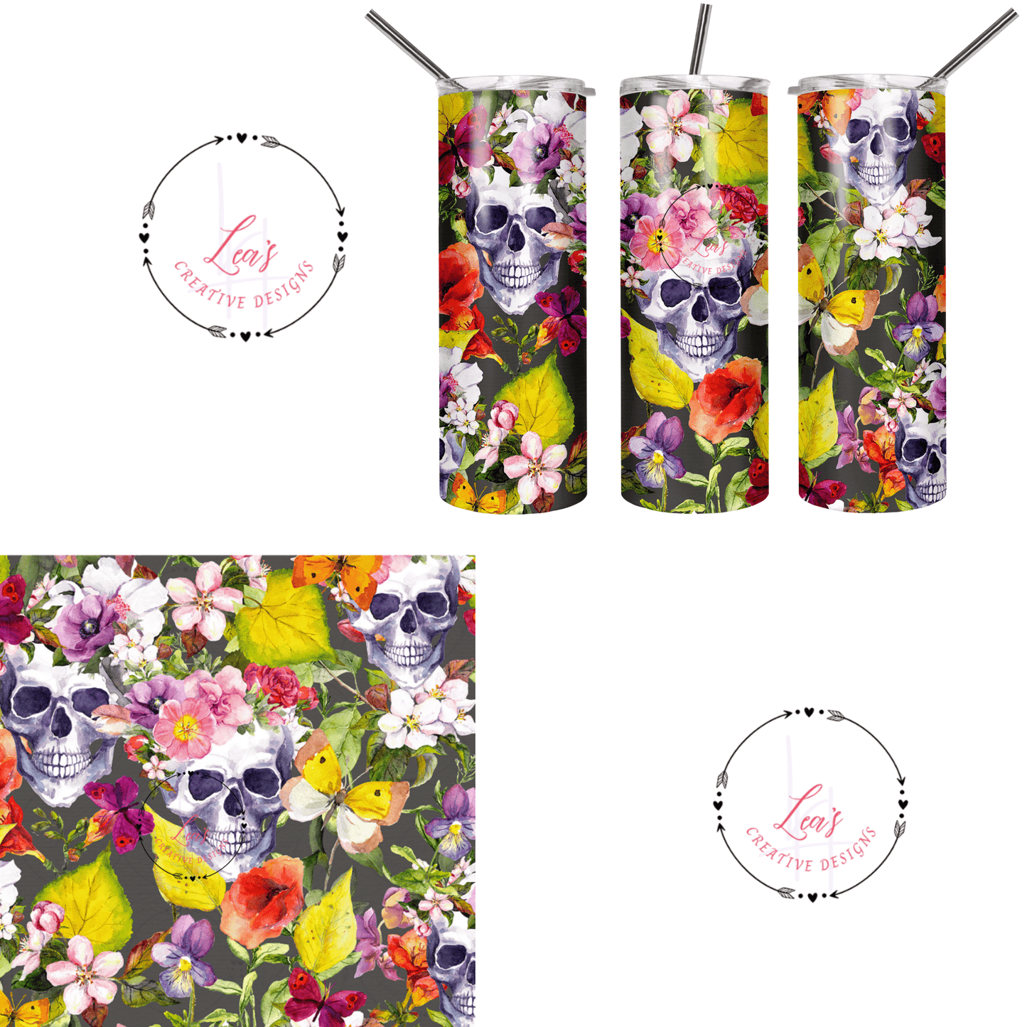 Lea's Creative Designs Tumblers Skulls Flowers and Butterflies Tumbler